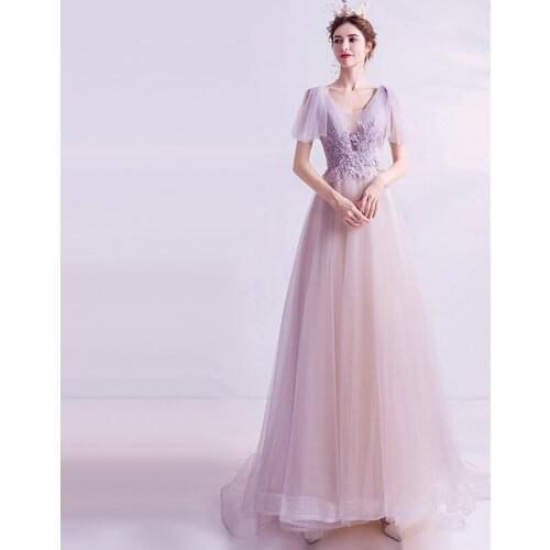 Evening Dresses Illusion A-Line V-Neck Short Embroidery Beading Sequined Pearls Lace Tulle Luxury Purple Women Formal Gown TS018