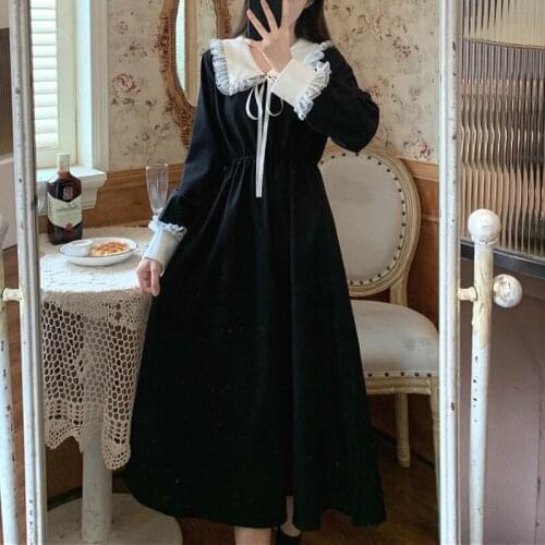 Vintage Dress Women Sweet Lace Spring Chic Peter Pan Collar French Elegant Long Sleeve Lace-Up Fairy One Piece Dress Korean 2021