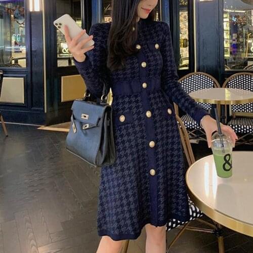 Women Knitted Sweater Dress Autumn Spring Button Up Elegant Vintage high Waist Long Sleeve Party Mini Dresses New Fashion Cothes
