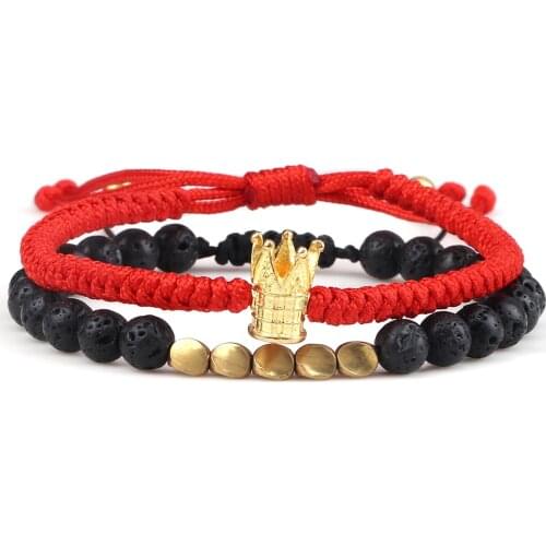 2pcs/set Crown Copper Beads Bracelet Charm Natural Stone Tiger Eye Lava Strand Bracelets Handmade Thread Braided Bangles Jewelry