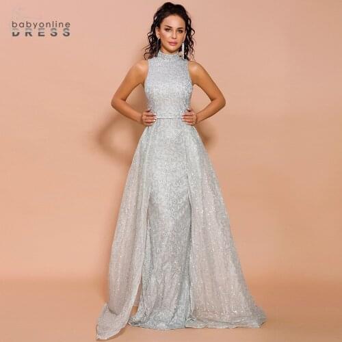 Arabic Elegant Long Evening Dress High Neck Ivory Robe de Soiree Evening Prom Gowns Dress 2020 Sequins Lace Vestido