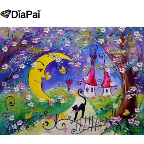DIAPAI 3D Diamond Painting "Moon cat house" DIY Full Rhinestones Drill Cross stitch Kits Square Round Diamond Embroidery A26518