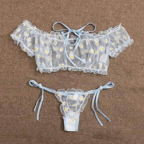 Women Lingerie Suit Sexy Off-Shoulder Ruffle Perspective Mesh Crop Top Tie-Waist Thong Panty for Date Night Bikini