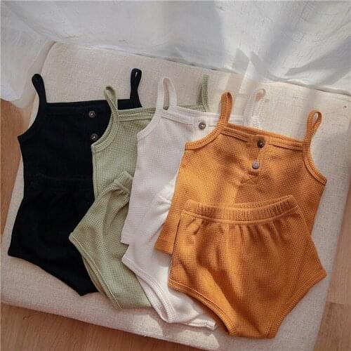 Newborn Baby Cotton Cozy Sun Top Short Set 2pcs Clothing Sets Korean Kids Boys Girls Sleeveless Tshirt+Bloomer Sets Clothes