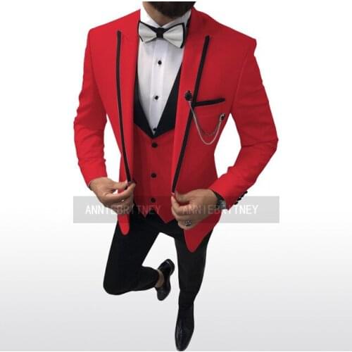 Custom Made Red Prom Party Wedding Suits for Groom Slim Fit Business Work Wear Men Blazer Waistcoat Trousers Marriage Costume