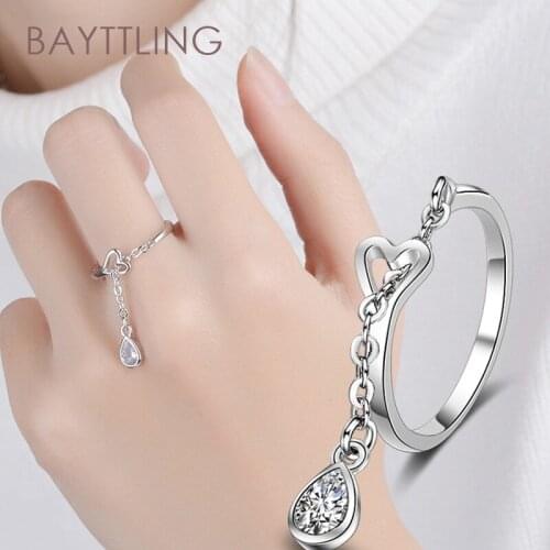 BAYTTLING 925 Sterling Silver Personalized Chain Heart Water Drop Zircon Open Ring For Women Fashion Charm Jewelry Wedding Gift