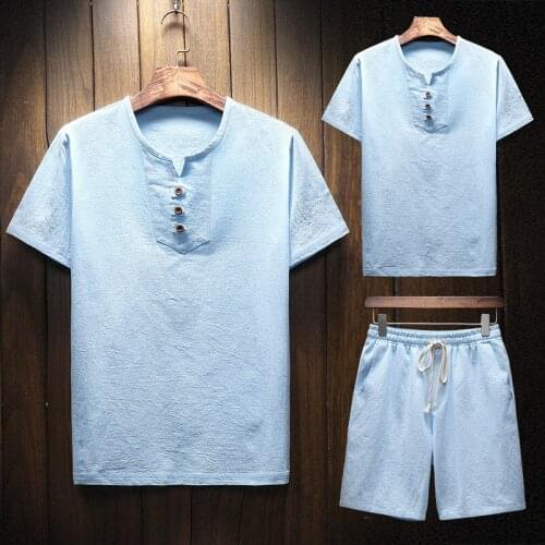 2pcs set Mens Summer Linen Cotton V Neck Casual Slim Short Sleeve Shirts+Shorts D13