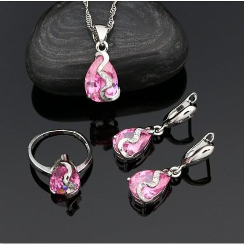 925 Silver Jewelry Sets Pink CZ White Crystal Jewelry for Women Water Drop Earrings/Pendant/Rings/Necklace Set