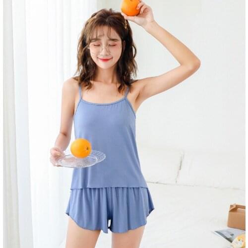 Korean Style Summer Solid Color Modal Sling Womens Casual Pajamas Plus Size Loose Vest Shorts Two-piece Pajama Set Camisolas