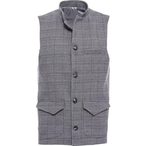 Brown Checked Mandarin Collar Cachet Vest