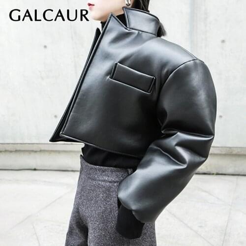 GALCAUR Vintage PU Leather Jacket For Women Lapel Collar Long Sleeve Thick Short Black Coat Female 2020 Autumn Fashion Clothing