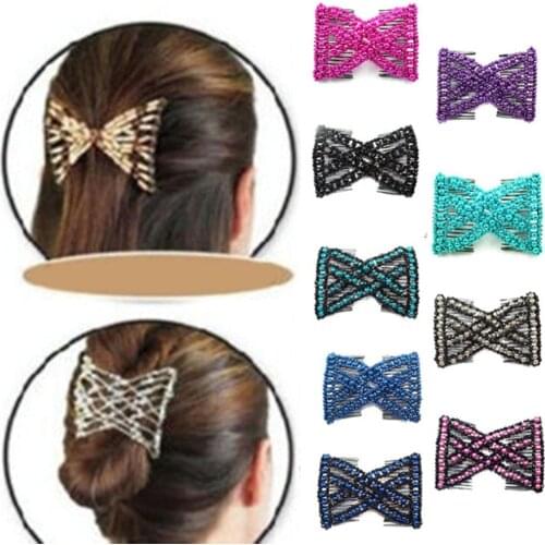 Lovef EZ Magic Hair Beauty Decoration Comb Pearl Stretchy Beaded Hairpin Bow Double Combs Lady in Assorted Color
