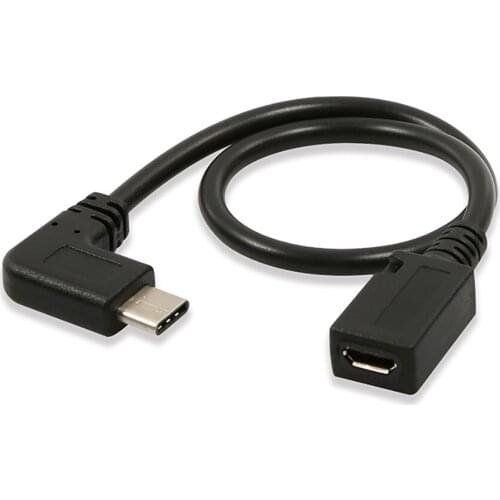 Micro usb Female to USB C male data and charge cable 90 degree angle 25cm 1ft for cellphone tablet