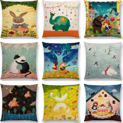 Cute Cartoon Animals Lovely Girl Happy Family Party Rabbit Elephant Bear Cat Fox Pig Cushion Cover Decor Sofa Throw Pillow Case