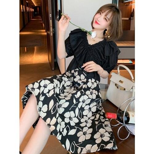 On new - sexy V - neck flounce shirt + jacquard big skirt of tall waist skirt suits female amoi