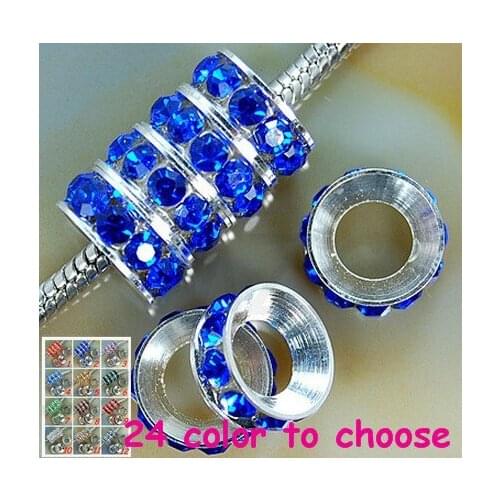 Nvr43 10mm Blue DIE Rhinestone Crystal Rondelle Spacer Beads,Rhodium Plated Big Hole European Beads