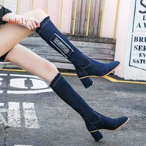 2020 Hot Womens Denim Boots Pointed Toe Thick High Heels Shoes Woman Casual Cut Out Jeans Long Botas Mujer Knee-high Square Heel