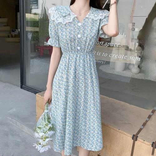 Casual Floral Print Puff Sleeve Women Dress Korean Cute Lace Stitching Doll Collar High Waist Long Dress Summer Chiffon Dresses