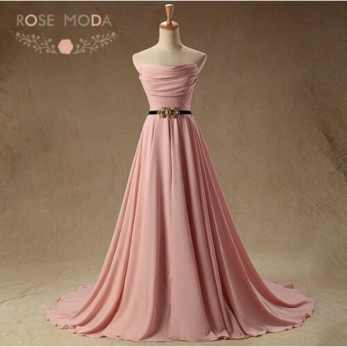 Rose Moda Strapless Blush Pink Evening Dress with Crystal Sash Long Formal Party Dresses for Xmas 2019
