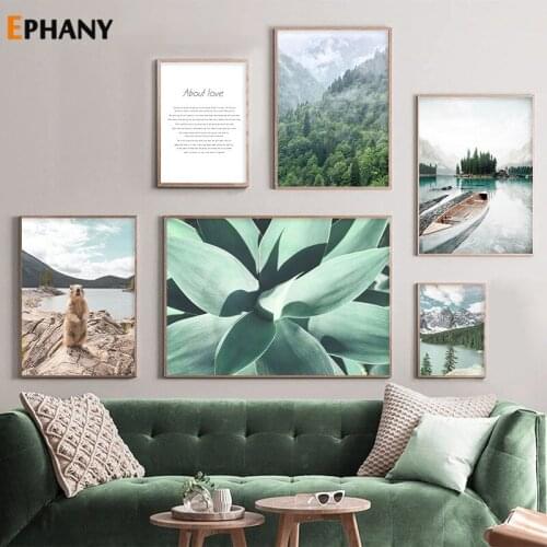 Nordic Mountain Forest Nature Scenery Canvas Painting Boat Lake Green Plant Beaver Print Poster for Living Room Wall Pictures