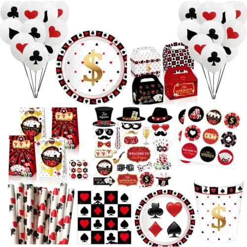 Casino Theme Party Decoration Poker Logo Hanging Happy Birthday Banner Latex Balloons Photo Booth Prop Magic Show Party Supplies