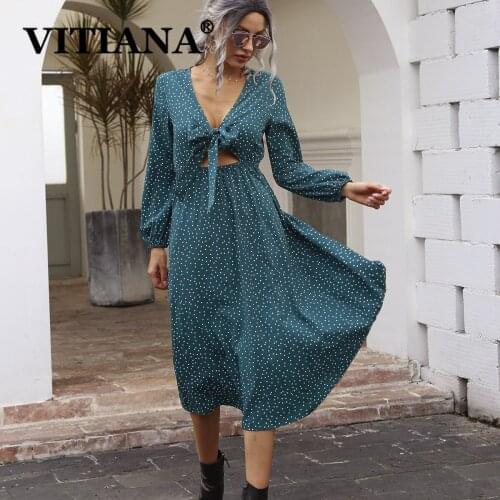 VITIANA Women Sexy Dot Long Dress Summer 2021 Female Long Sleeve Deep V-Neck Dot Green Beach Party Dresses Femme Bow Vestidos