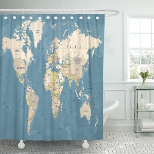 Blue Country World Map High Detailed of Worldmap Beige Shower Curtain Waterproof Polyester Fabric 72 x 78 inches Set with Hooks