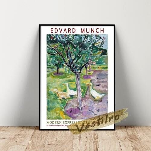 Edvard Munch Exhibition Poster, Geese In An Orchard Around Oil Painting, Munch Vintage Duck Wall Art, Animal Plant Art Prints