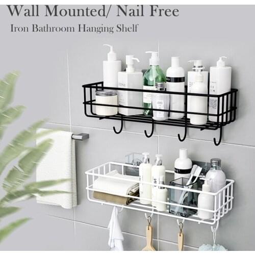 Iron Bathroom Shelf Shower Wall Mount Shampoo Storage Holder With Suction Cup No Drilling Kitchen Storage Bathroom Accessories