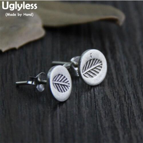 Uglyless Real 925 Sterling Silver Handmade Ethnic Engrave Leaves Stud Earrings for Women Vintage Round Jewelry MINI Size Brincos
