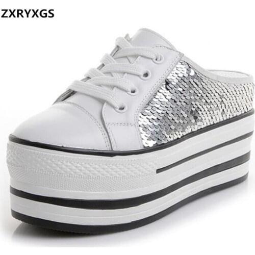 2019 New Summer Sweet Wedges Platform Shoes Female Slipper Sandals Round Head Sequins Cowhide Fashion Slippers Women Sandals