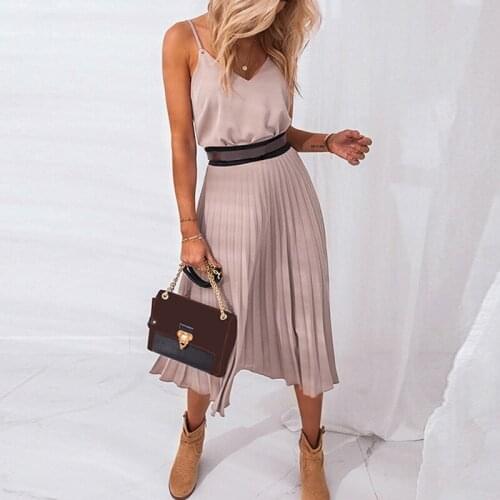 2021 Summer Dress Women Sexy V-Neck Party Dress Elegant Spaghetti Strap Female Pleated Dresses Office Ladies Pink Midi Dress