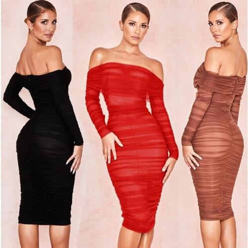 Free shipping high quality black red and brown sexy tight one-piece shoulder long sleeve rayon bandage evening party dress