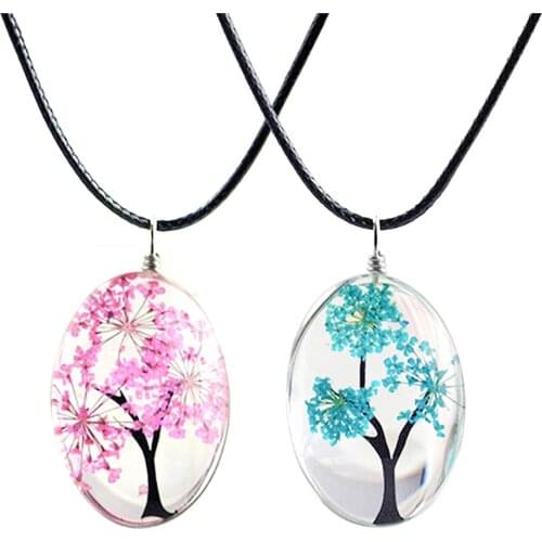 2021 Fashion Handmade Tree of Life Flower Necklace Resin Dome Glass Cabochon Flower Tree Pendant Necklace Jewelry for Women