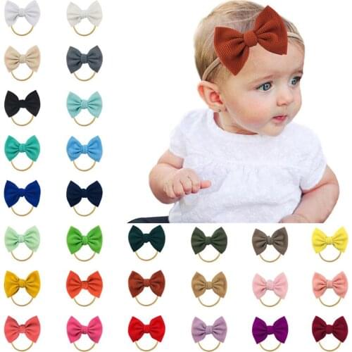 28Pcs/Lot 5.5" Baby Girls Solid Seersucker Waffle Fabric Hair Bow With Elastic Nylon Headbands Handmade Puff Bowknot Head Band