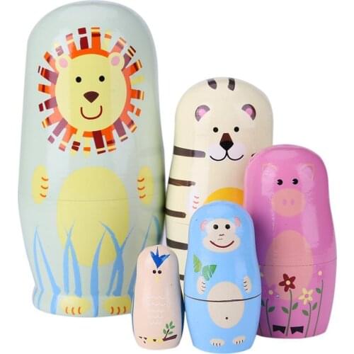 5pcs Cartoon Animal Wood Russian Nesting Matryoshka Dolls Set Color Painted Toys Decoration Ornament Gifts