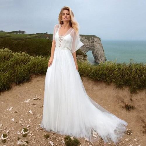 White Beach Wedding Dresses Simple Open Back Tull Princess Bridal Dress With train Custom Made Corset Boho Wedding Gowns