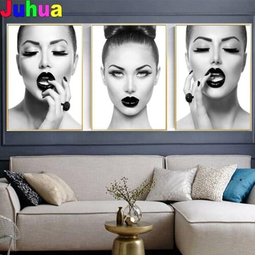 Black White Makeup Woman diamond embroidery 3 piece cross stitch Mosaic Modern Diamand painting Wall Pictures for Living Room