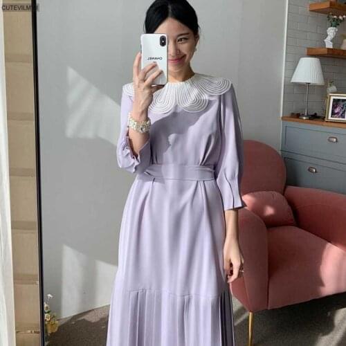 Elegant Women Pleated Bodycon Party Maxi Dress Lace Sweet Lady Chic Korean Dresses 2020 Spring Autumn Fashion Vestidos