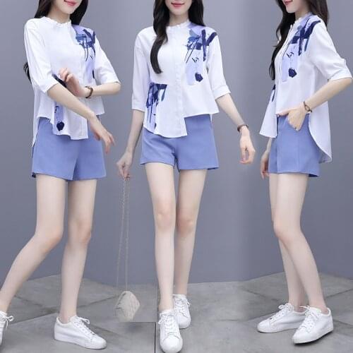Summer Fashion Women Clothes Set Half Sleeve Print Irregular Top Elastic Waist Pocket Shorts Pant Lady Korean Casual 2 Piece Set