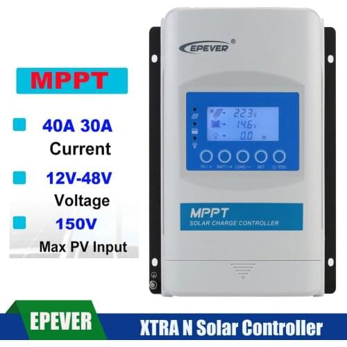 EPever XTRA MPPT 30A 40A 12/24/36/48V PV 150V Solar Charger Controller LCD Solar Regulator Support Lead-Acid and Lithium Battery