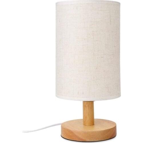 LBER 14x28cm Round Bedside LED Table Lamp Nightstand Lamp With Fabric Shade and Solid Wood for Bedroom,Living Room Modern Office