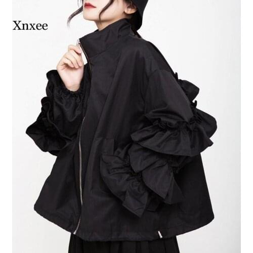 Loose Fit Black Ruffles Stitch Big Size Jacket New Lapel Long Sleeve Women Coat Fashion Tide Spring Autumn 2021 Clothing Coats
