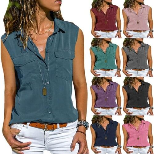Women Summer Lapel Tank Tops V-neck Solid Sleeveless Shirt Casual Pocket Loose Button-up Plus Size Vest Female Clothing 5XL 2021