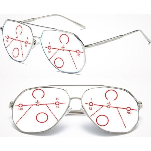 Pilot Style Silver Double Bridge Men Progressive Multifocal Reading Glasses +0.75 +1 +1.25 +1.5 +1.75 +2 +2.25 +2.5 +2.75 To +4