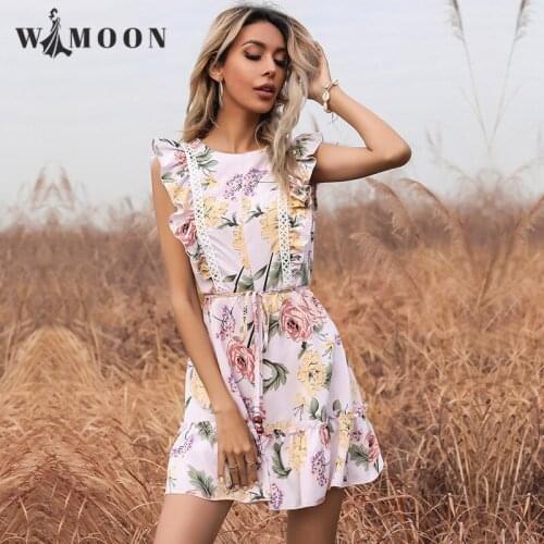 2021 Summer New Printed Round Neck Lace Stitching Ruffled Flying Sleeve Dress A-LINE Belt Above Knee, Mini O-Neck Dresses Women