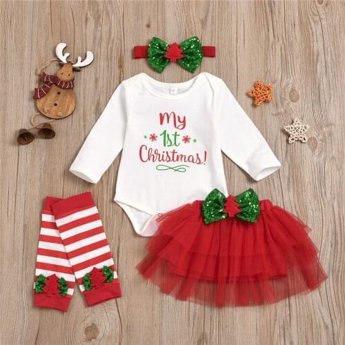 Newborn My 1st Christmas Outfit Long Sleeve Romper Tops+Tutu Skirt+Leg Warmers+Headband 3 Piece Set for Baby Girls