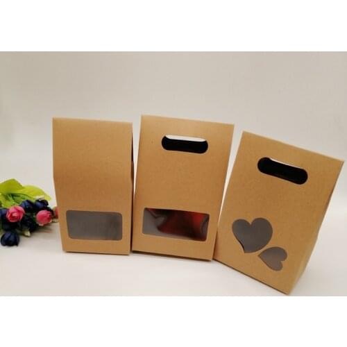 50pcs Heart Kraft Paper Bag Paper Bags for Gifts Food Wedding Jewelry Bag with Handle Window Packaging Storage Bag Kraft Pouch
