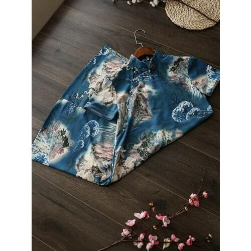 Pregnant Women Short Sleeve Blue Calico Maternity Dress Spinning Silk Chinese Style Stand Collar Dress for Pregnant Women ZL780