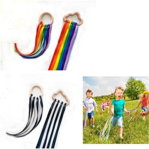 2pcs Rainbow Wooden Sensory Ribbon Ring Baby Shower Gift Baby Girl Boy Ribbon Wind Wand for Infants Babies Toddlers Birthday